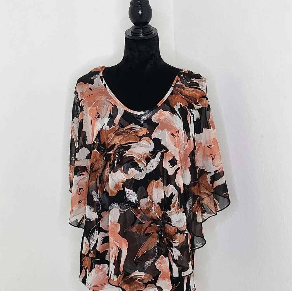 🔥2for$20 Women's Floral Print Chiffon Top - Peach & Black